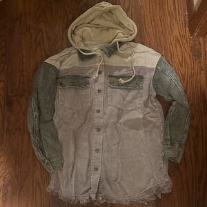 Striped Hooded Button-Up Corduroy Shacket